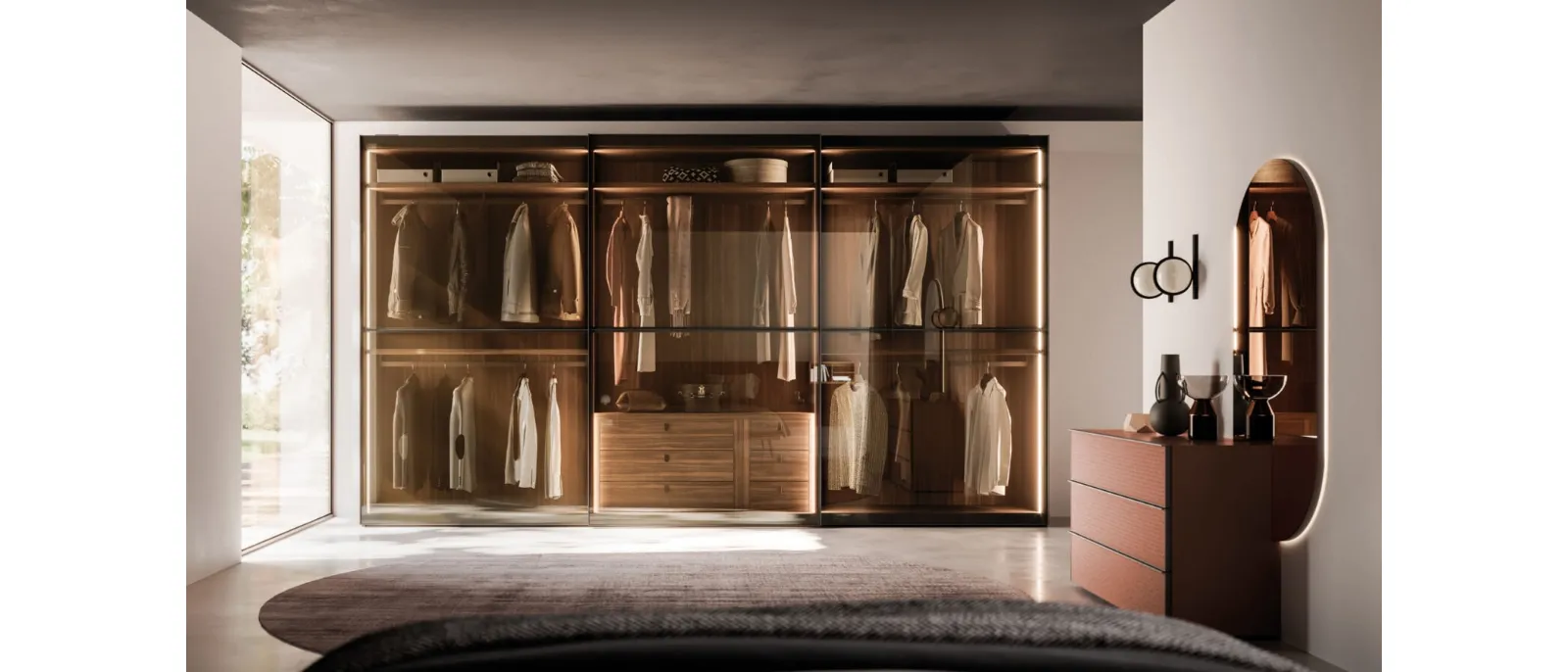 Armadio ad ante scorrevoli Night 31 in vetro Bronzato e metallo Brunito di Orme