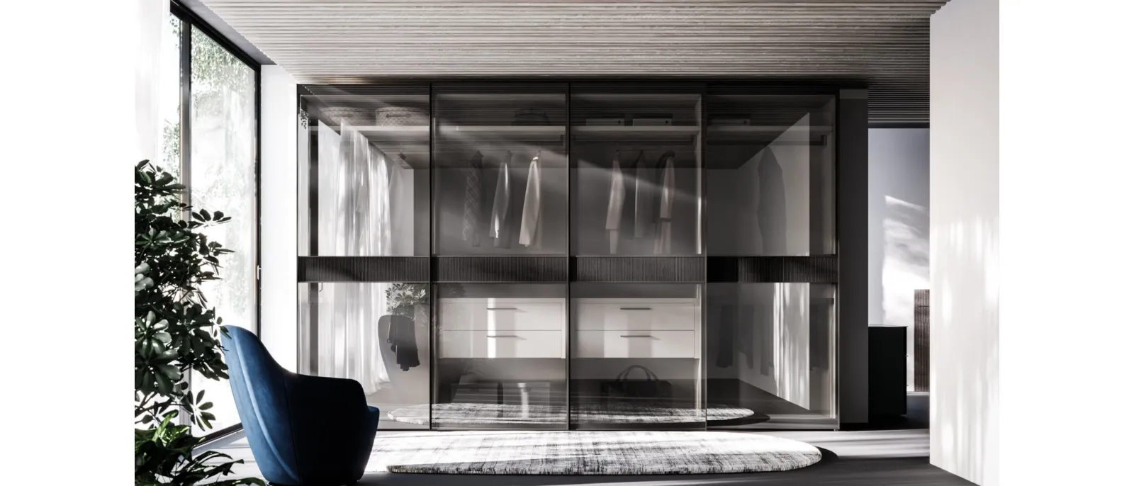 Armadio ad ante scorrevoli Night 33 in vetro bronzato e melaminico Carbone Rigato di Orme