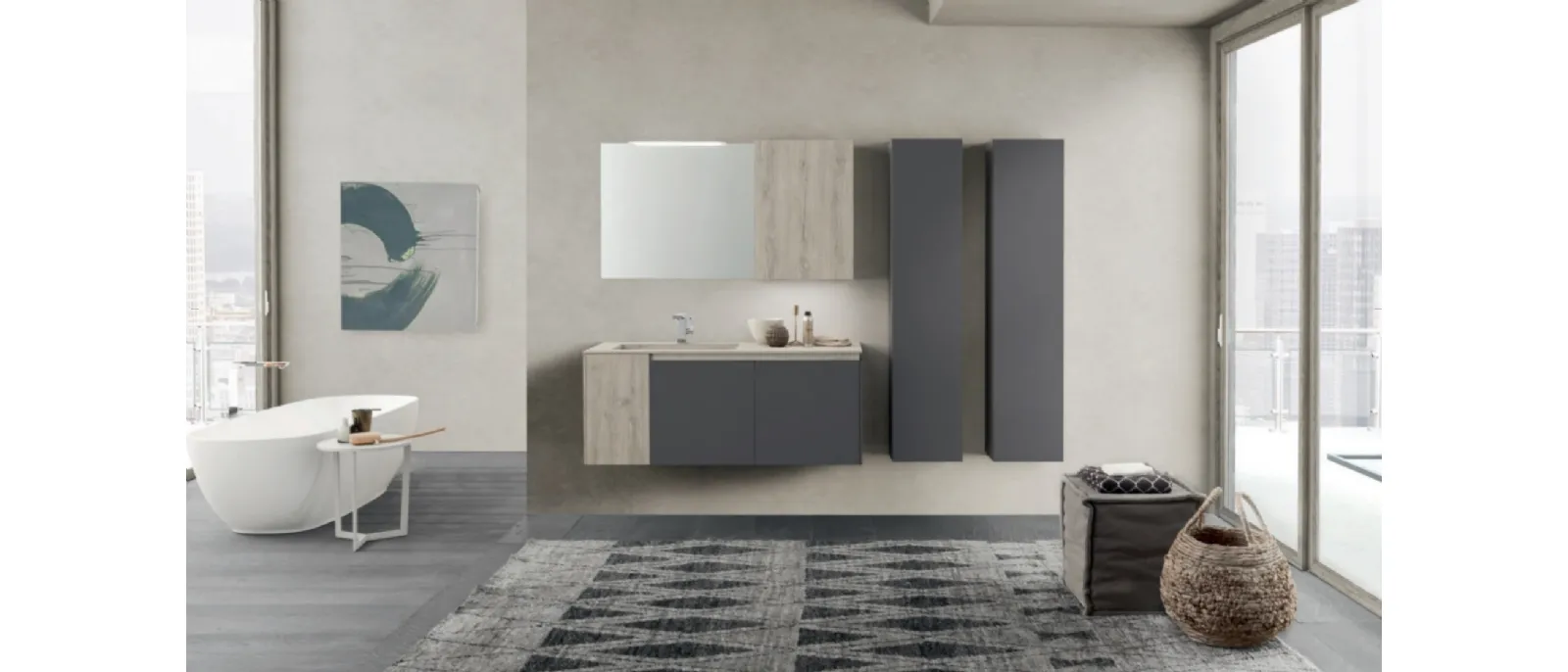 Mobile da Bagno sospeso M2 System C209 in laccato opaco Grigio Grafite e HPL Quercia Grigia di Baxar