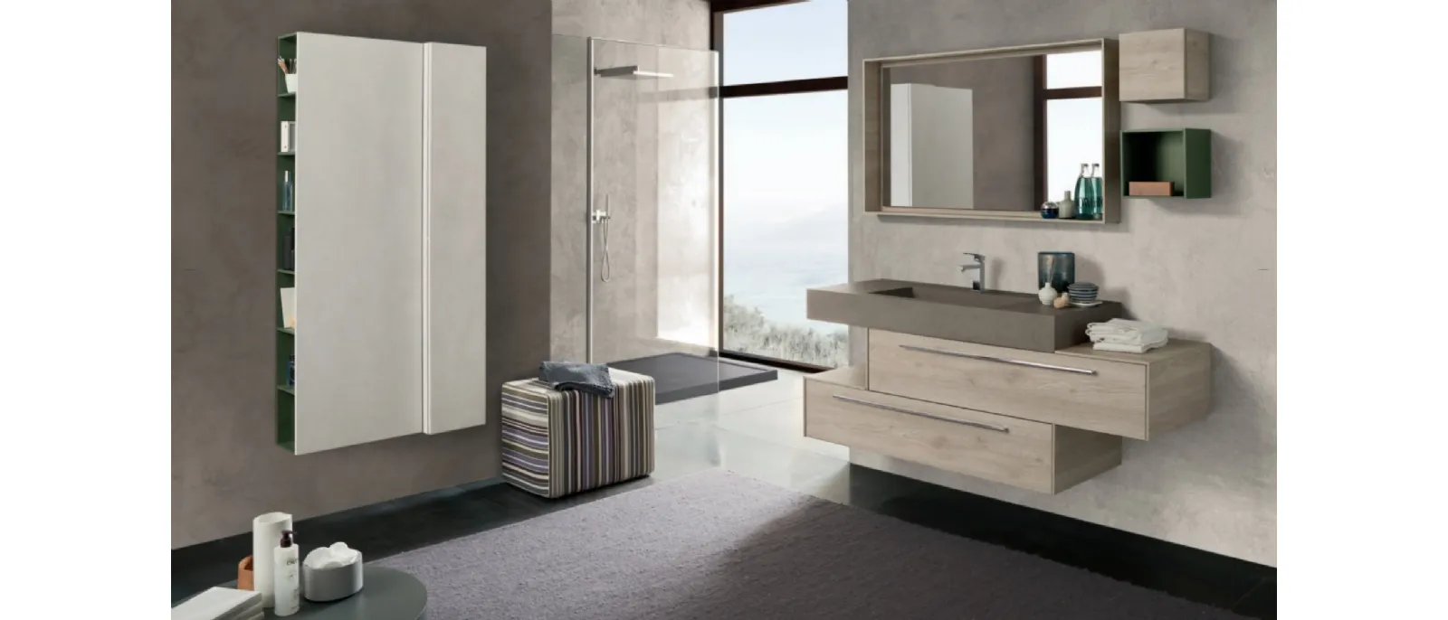 Mobile da Bagno sospeso C016 in melaminico Rovere dogato Grigio di Baxar