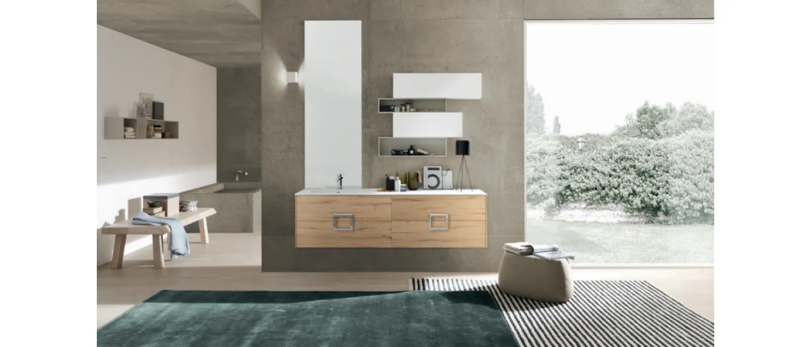 Mobile da Bagno M System C018 in melaminico effetto legno e pensili in laccato opaco di Baxar