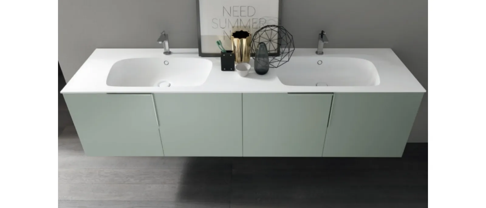 Mobile da Bagno sospeso M1 System C111 in laccato opaco Verde Polvere con top con vasche integrate di Baxar