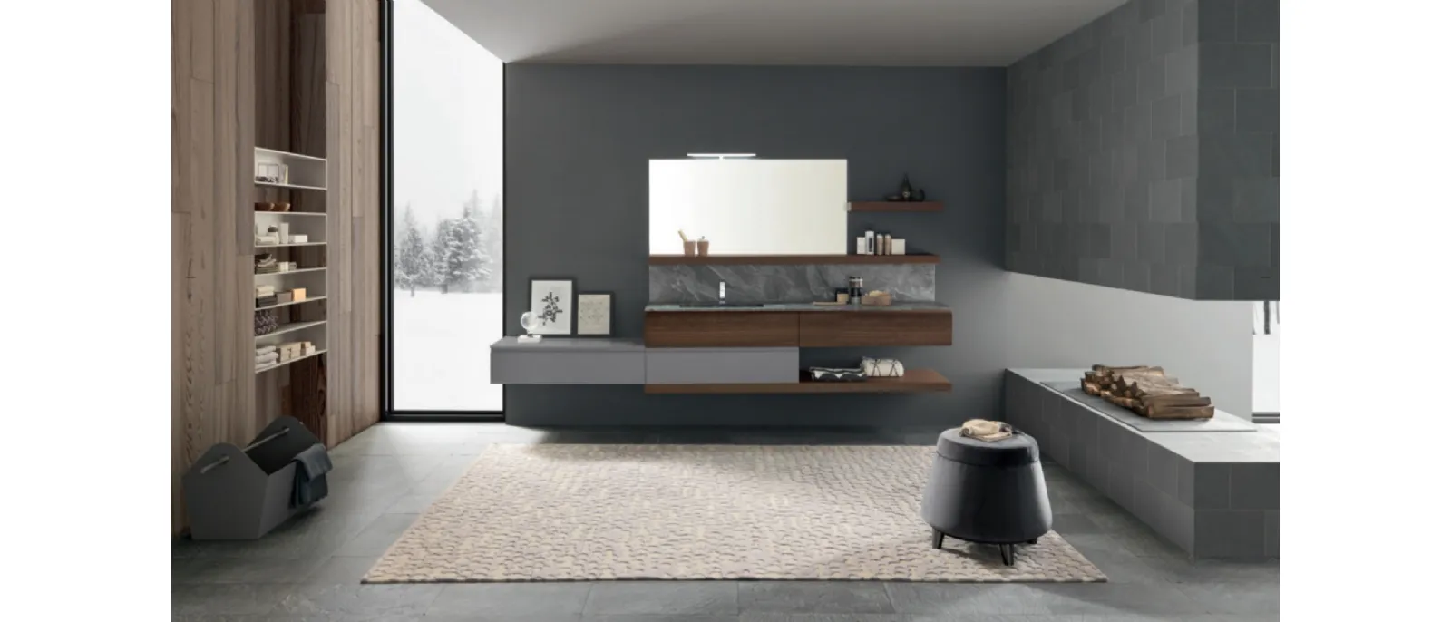 Mobile da Bagno sospeso M1 System C112 in laccato opaco Grigio Lavagna e melaminico Eucalipto Sablè Termocottodi Baxar