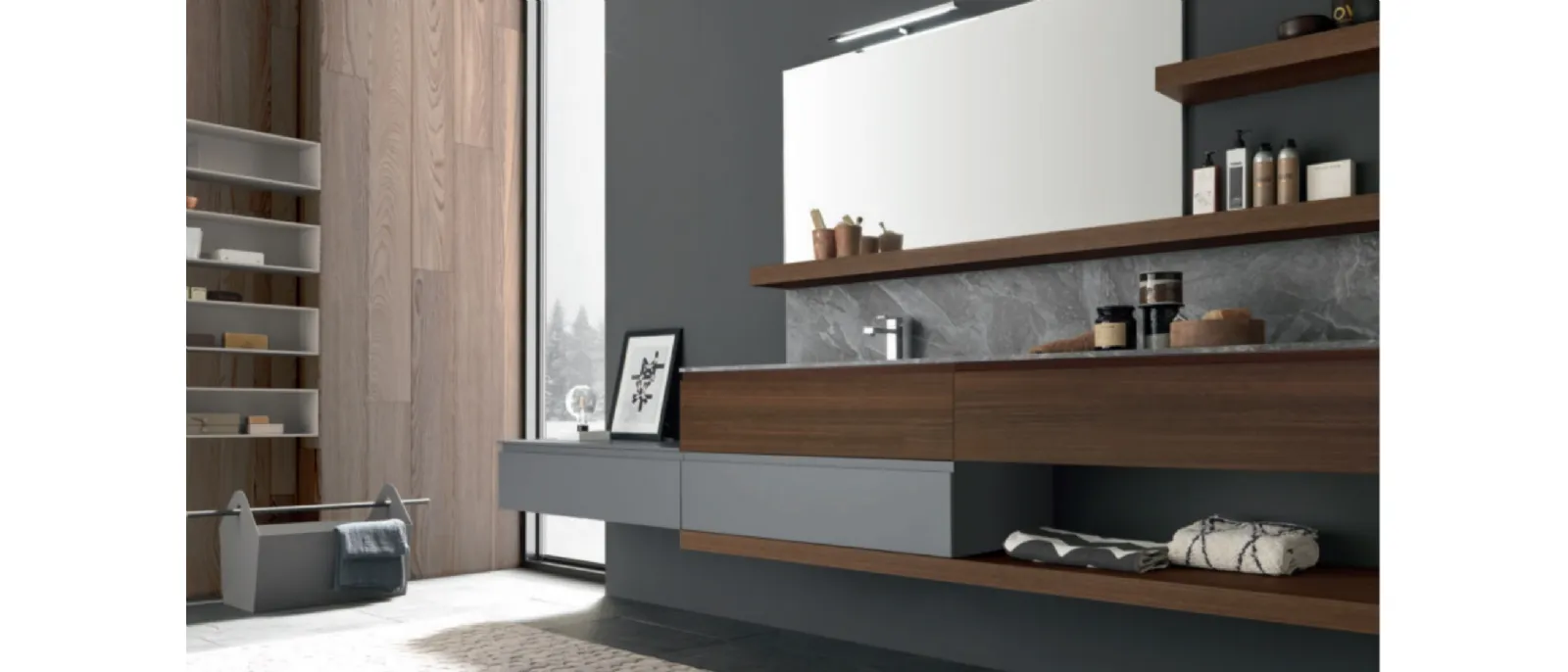 Mobile da Bagno sospeso M1 System C112 in laccato opaco Grigio Lavagna e melaminico Eucalipto Sablè Termocottodi Baxar