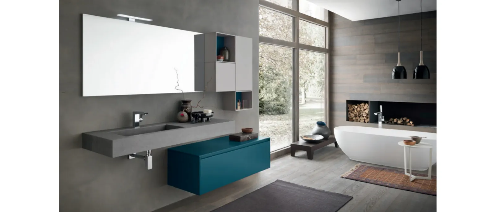 Mobile da Bagno sospeso M2 System C214 in laccato Blu Laguna opaco di Baxar