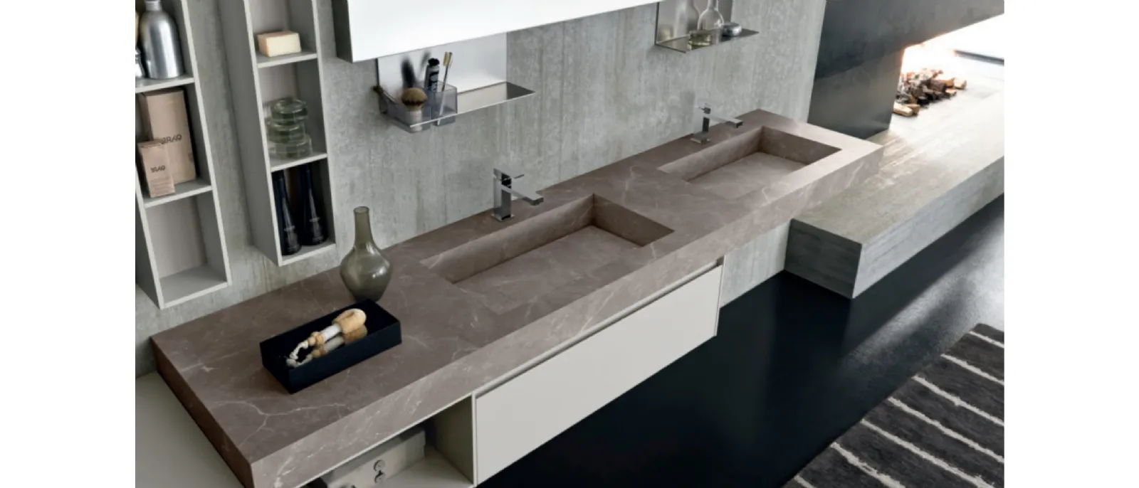 Mobile da Bagno sospeso M2 System C215 in laccato Grigio Chiaro opaco con top in HPL di Baxar