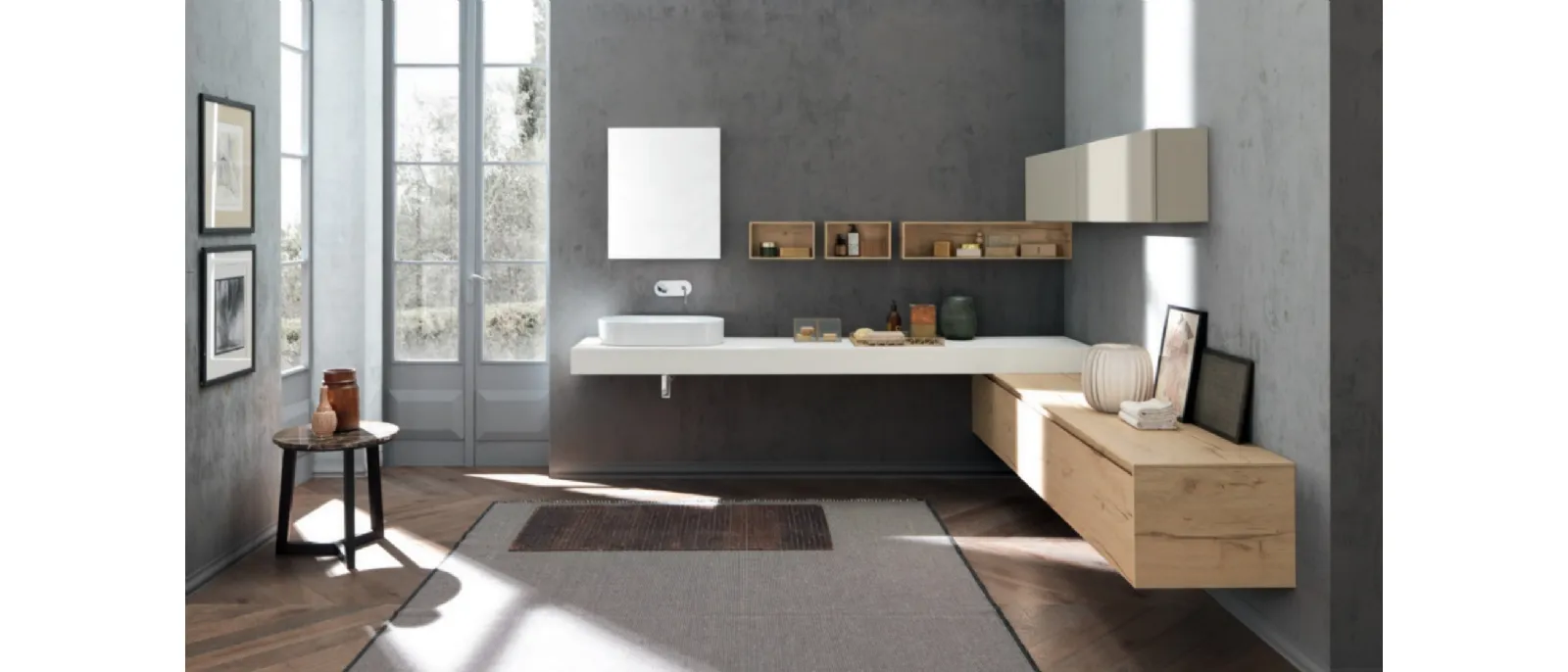 Mobile da Bagno M2 System C216 in melaminico effetto legno con top in ecomalta Bianca di Baxar