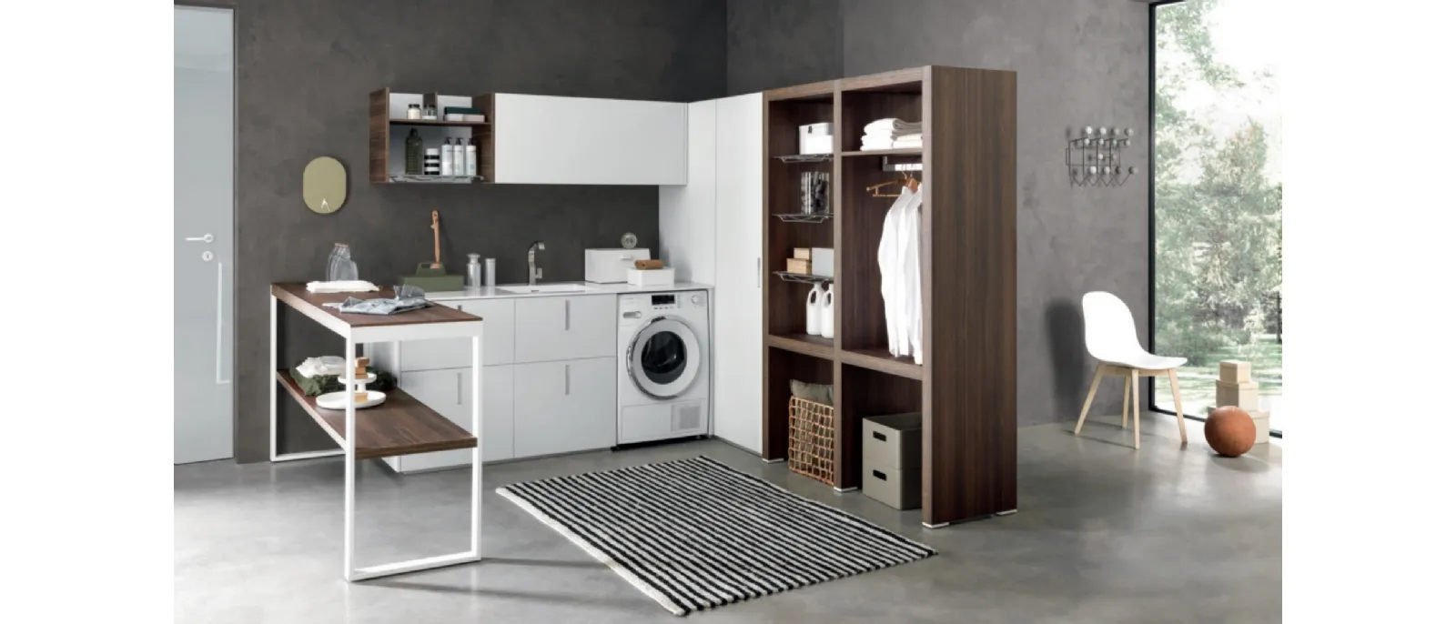 Mobile da Lavanderia Laundry System C06 in lacccato bianco opaco e laminato Eucalipto di Baxar