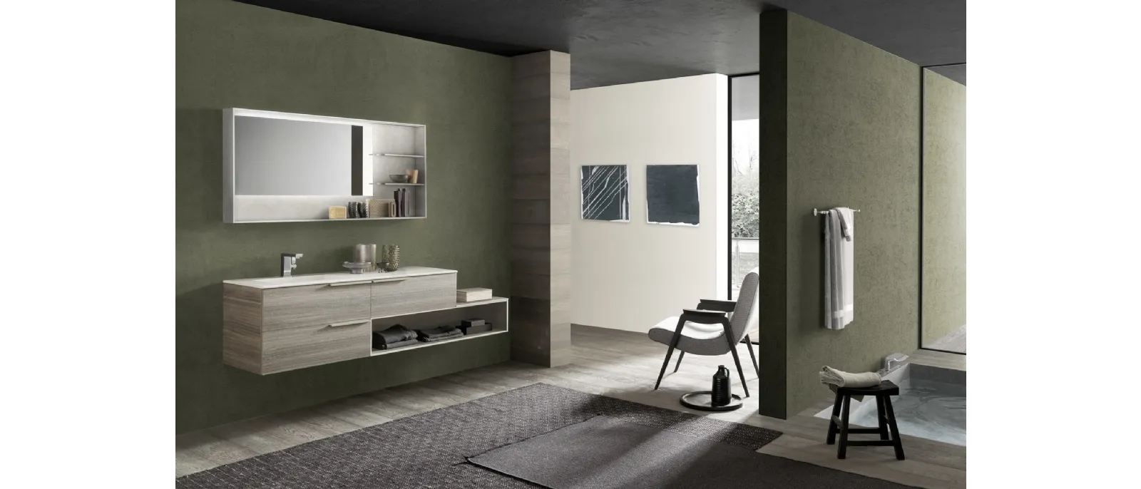 Mobile da Bagno sospeso M System C006 in melaminico Eucalipto Sablè Grigio di Baxar