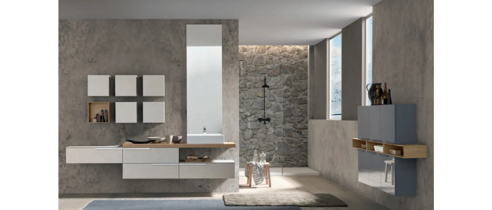 Mobile da Bagno sospeso M System C007 in melaminico cemento tortora con pensili laccati di Baxar