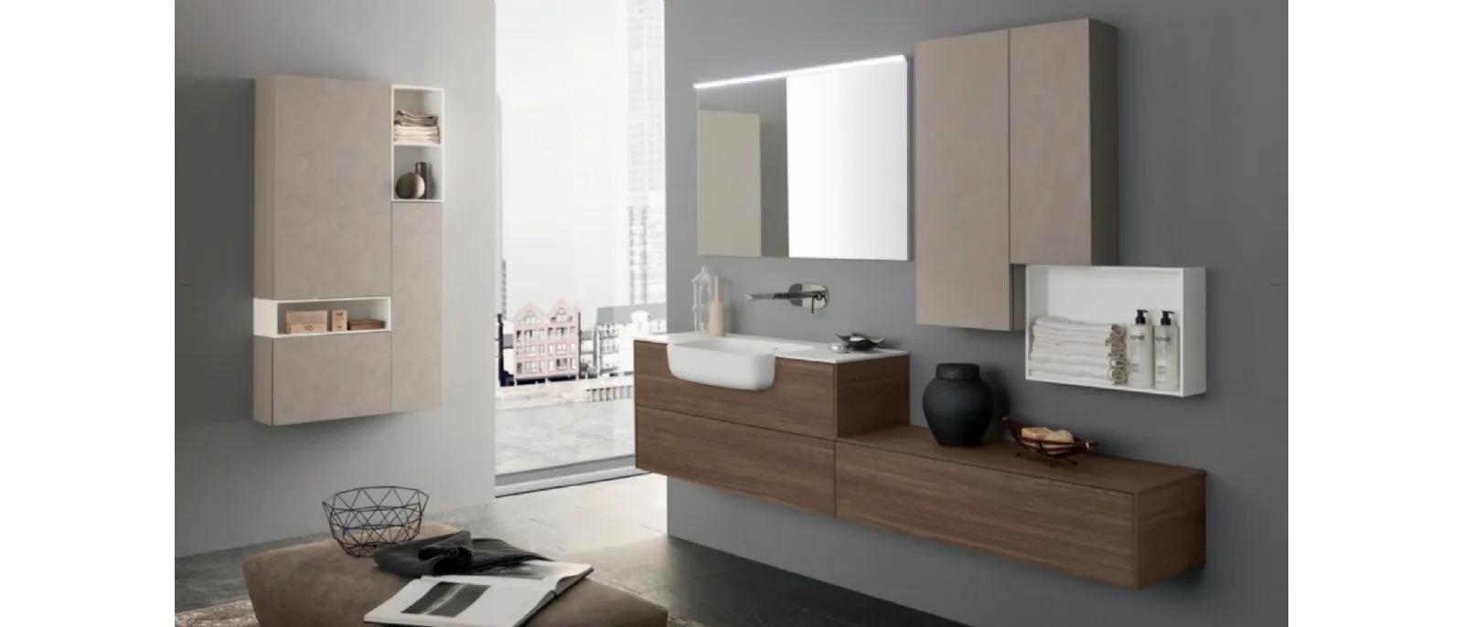 Mobile da Bagno sospeso M System C011 in melaminico Eucalipto Sablè Canaletto con pensili laccati di Baxar