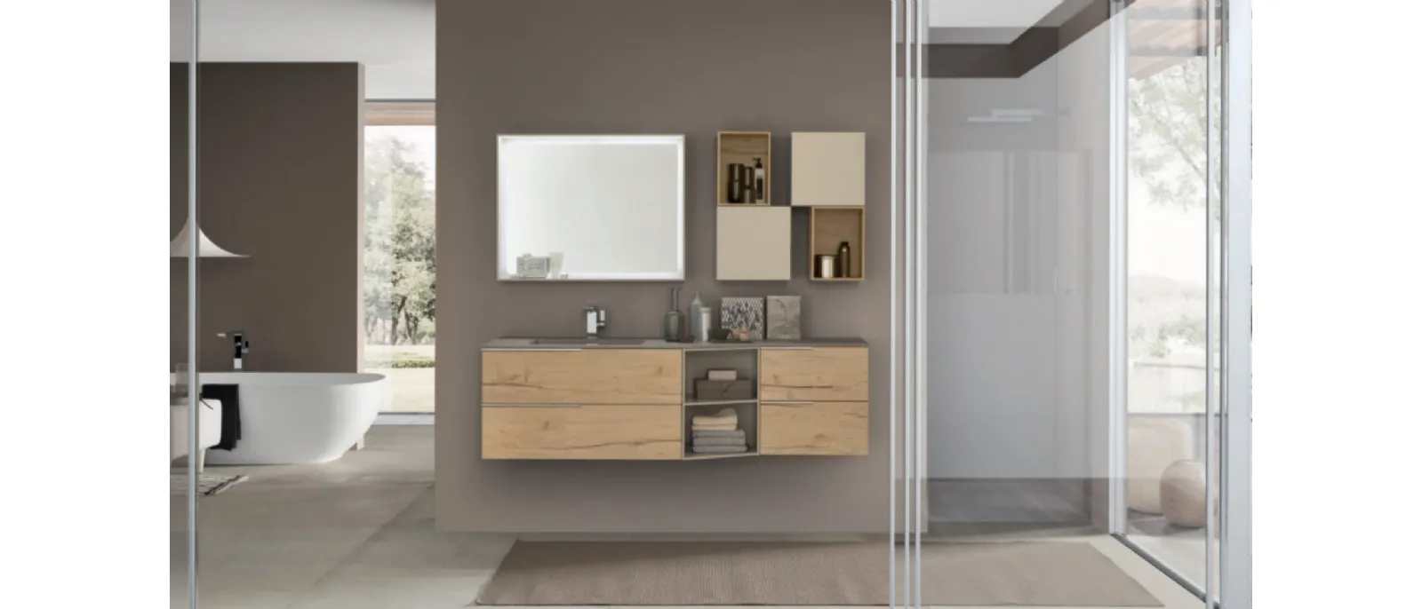 Mobile da Bagno sospeso M1 System C114 in melaminico effetto legno con pensili in laccato opaco di Baxar