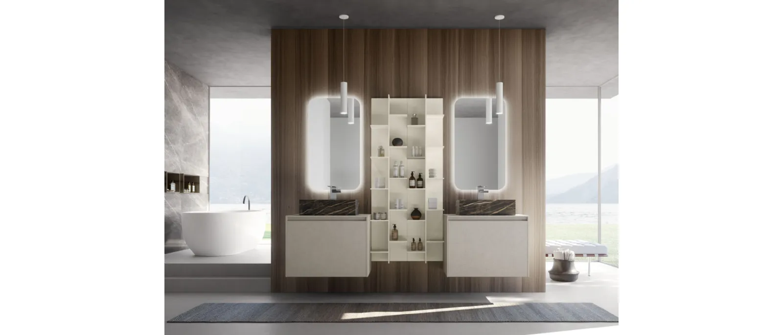 Mobile da Bagno sospeso M2 System Upgrade 12 in laccato opaco Platino con lavabo in gres effetto marmo di Baxar