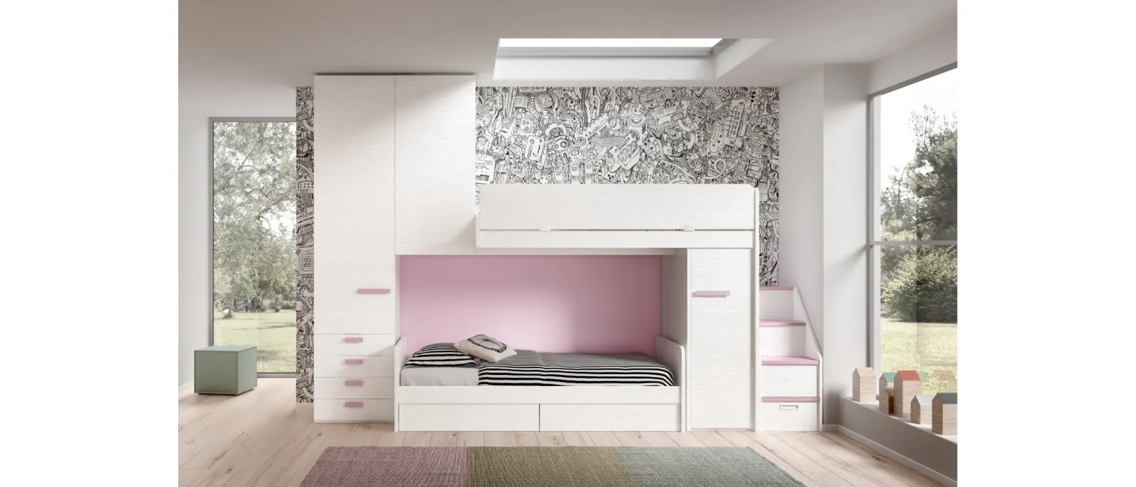 Camera finitura Bianco e Rosa con soppalco Room 171 di Zg Mobili