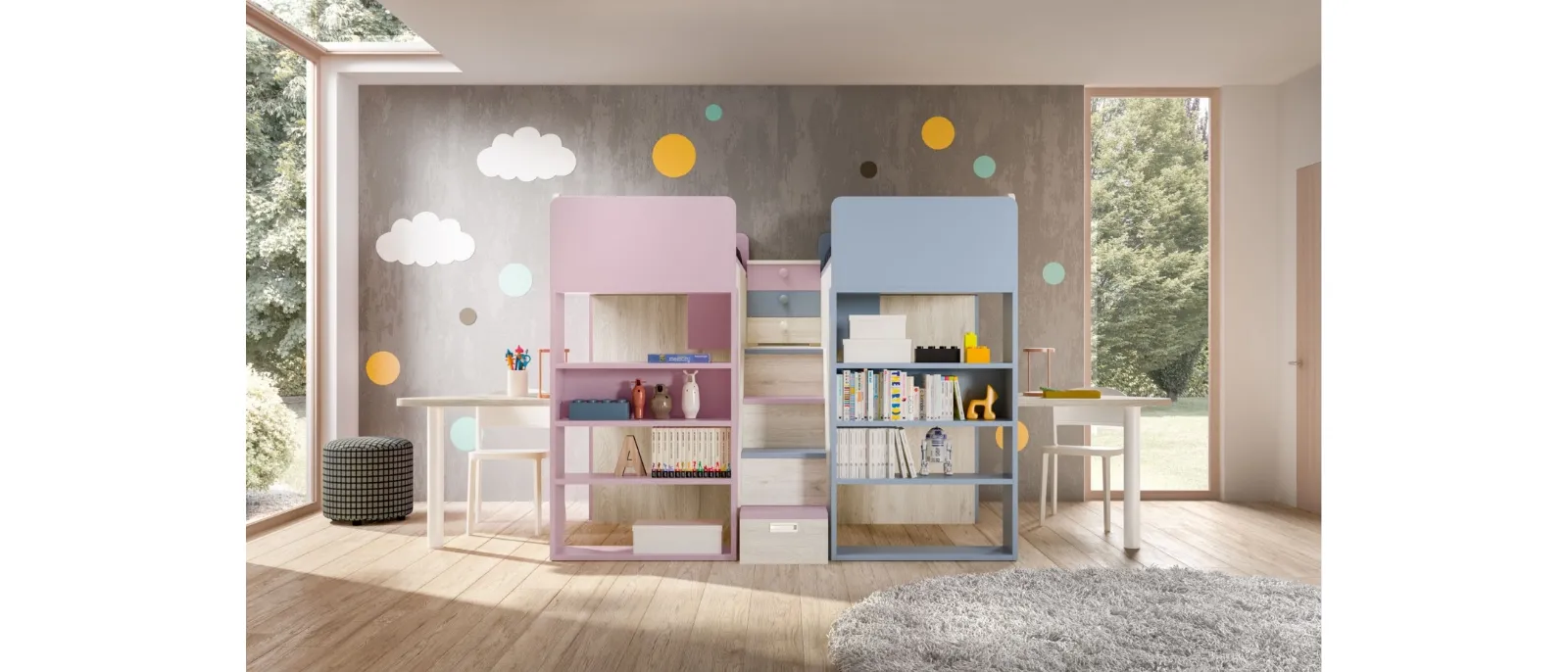 Camera con doppio soppalco con scrivanie Room 165 di Zg Mobili