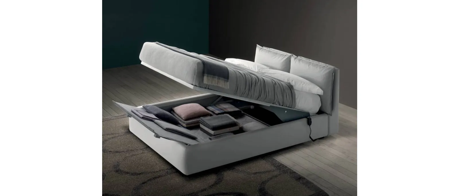 Letto in tessuto imbottito con testiera regolabile e box contenitore Quiet di Bside