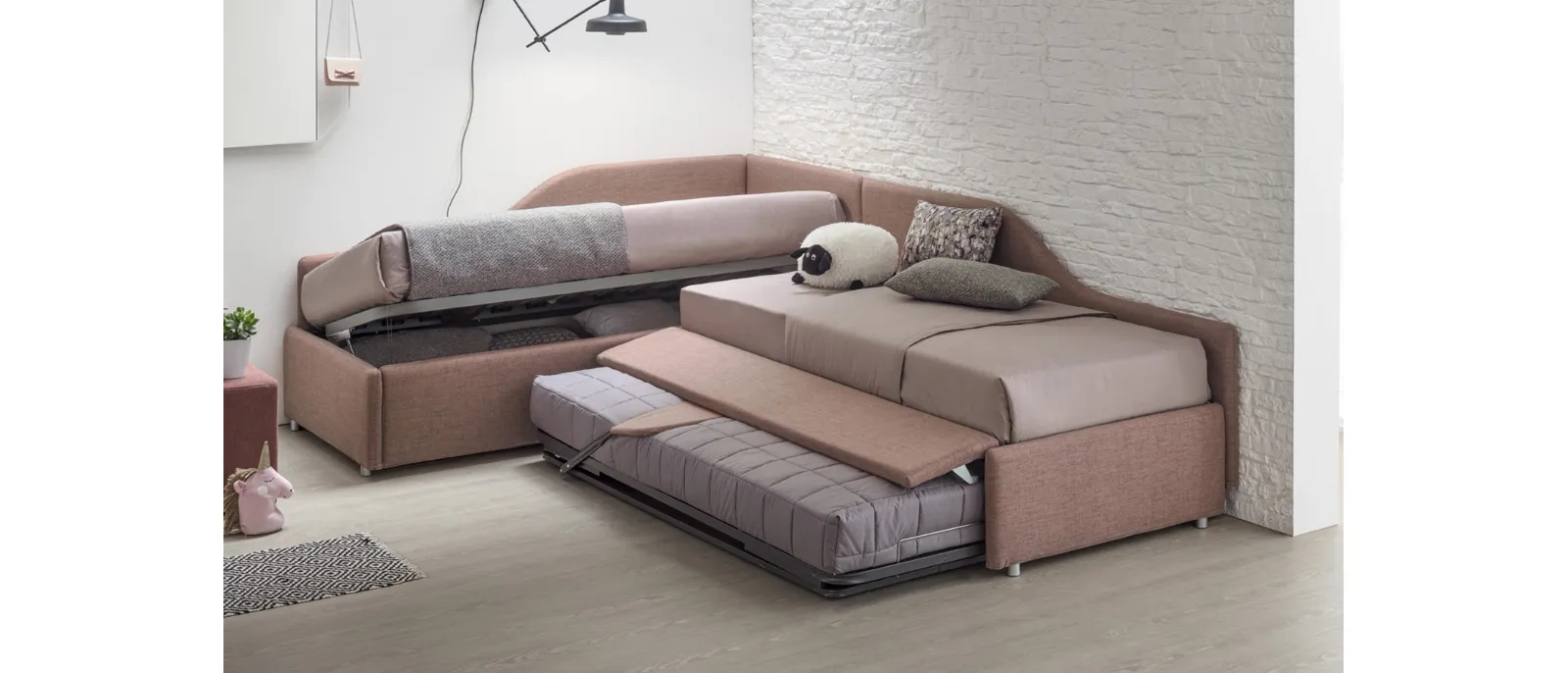 Daybed Singolo in tessuto con secondo letto estraibile o contenitore Joy Estraibile di V&Nice