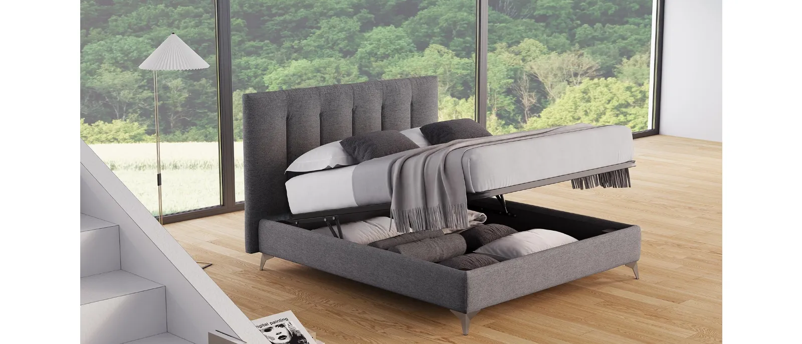 Letto in tessuto imbottito Zen con contenitore di Divaletti Home