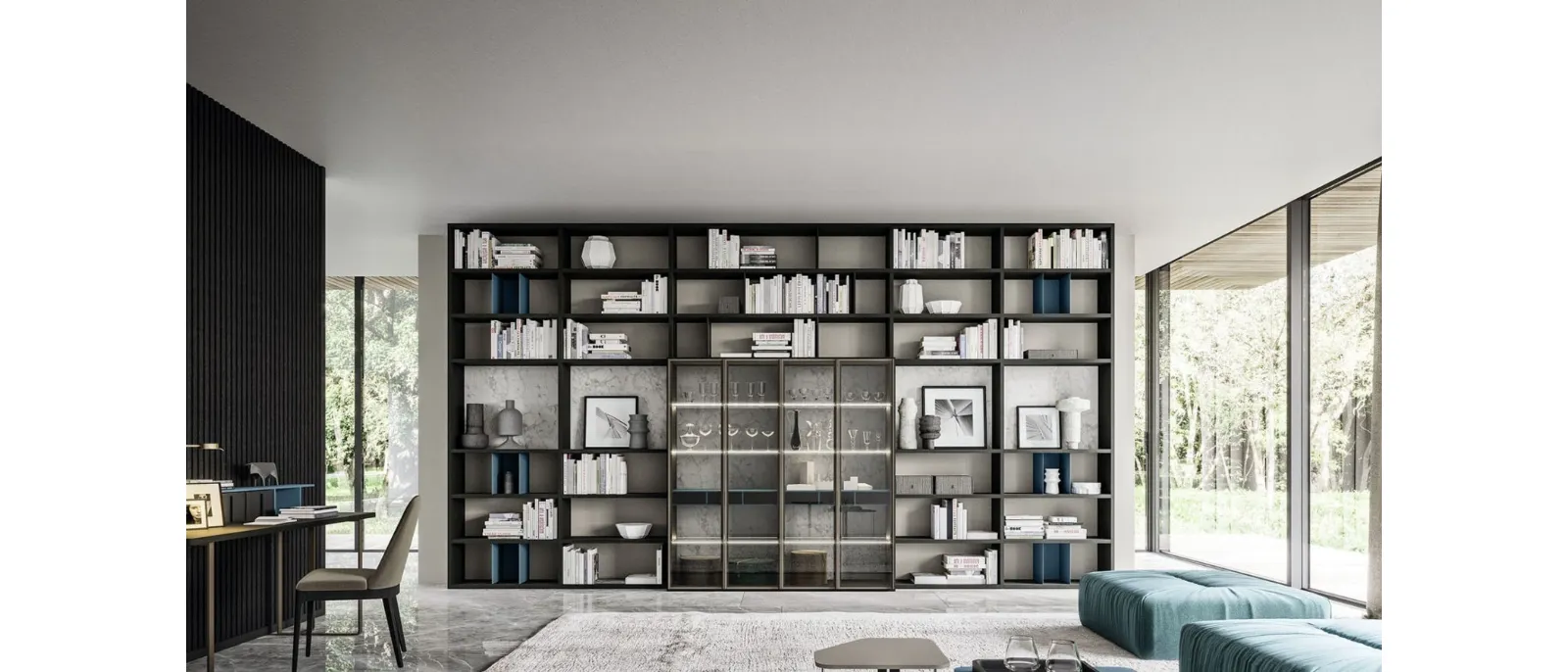 Libreria effetto frassino carbone laccato opaco indaco laminato effetto marmo Day 25 Logico di Orme