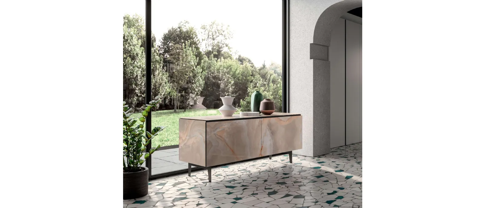 Madia moderna Plana in marble glass Onice lucido di Ozzio