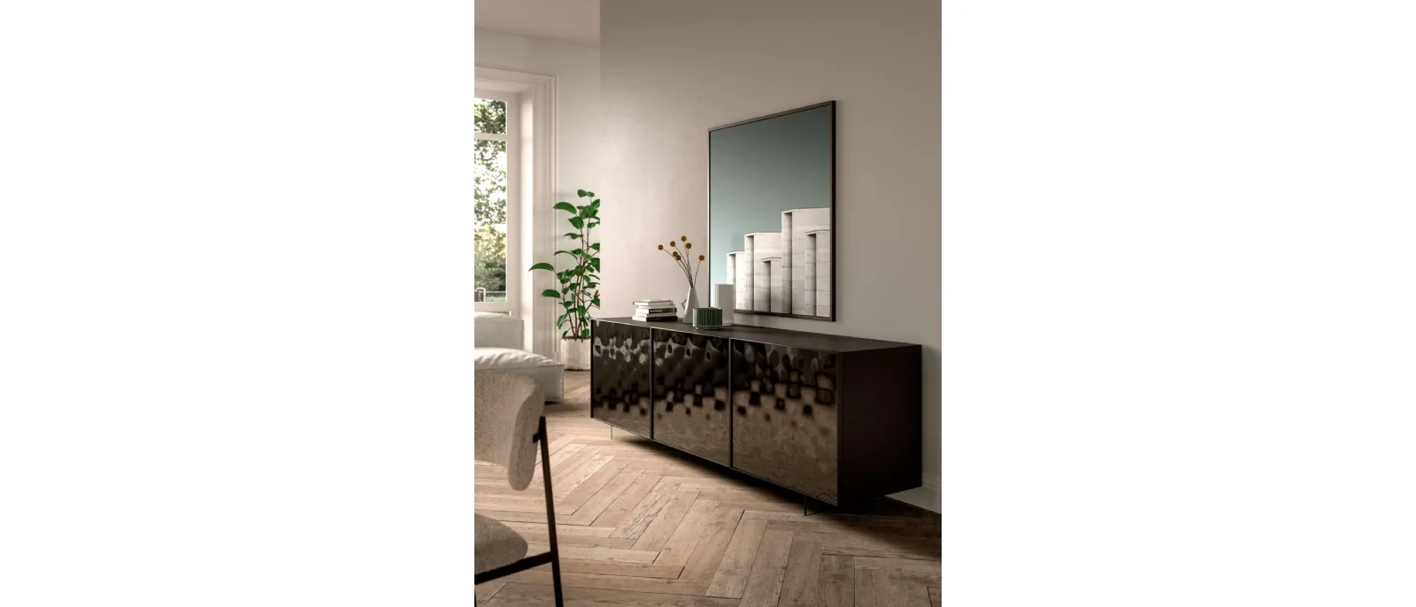 Madia Sarah con contenitore laccato opaco e ante rivestite in specchio bronzato curvato di Ozzio