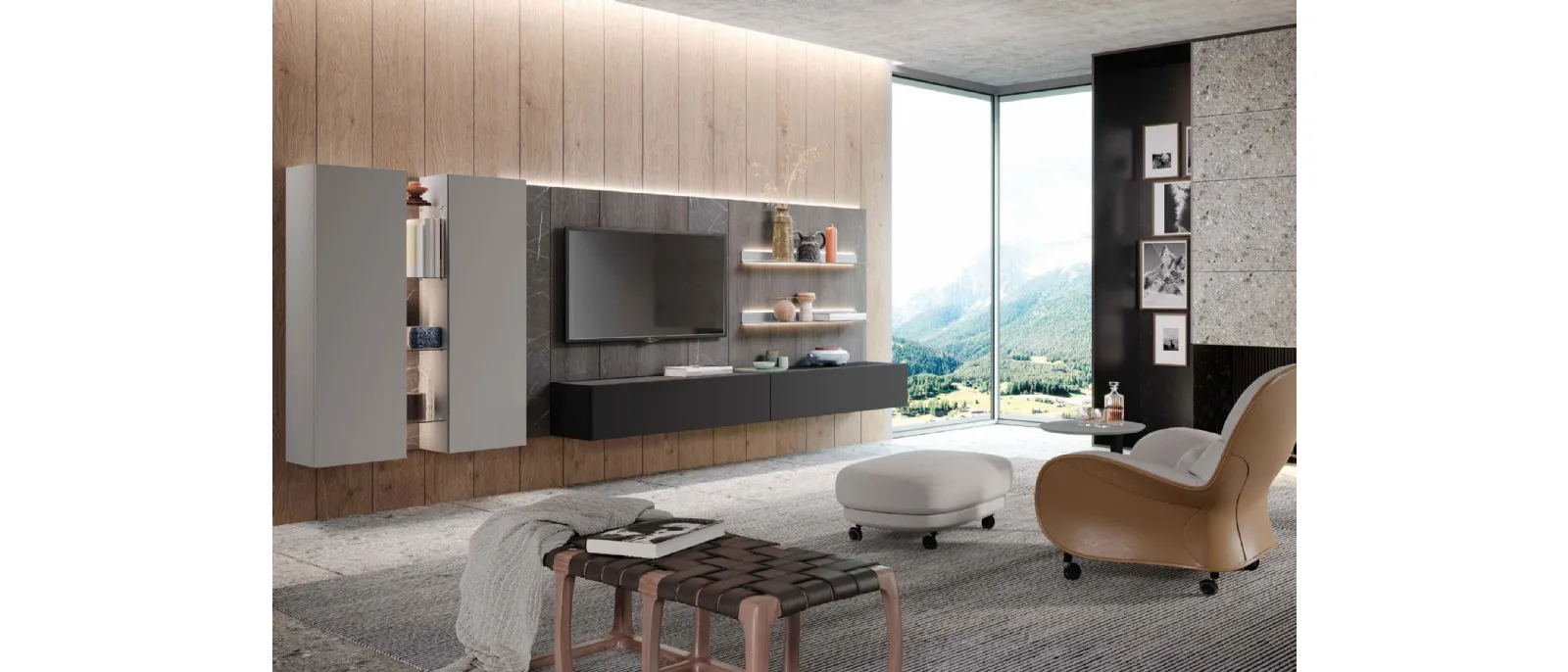 Parete Attrezzata Skyline Landscape & Feelings in laccato e Rovere grigio di Astor Mobili