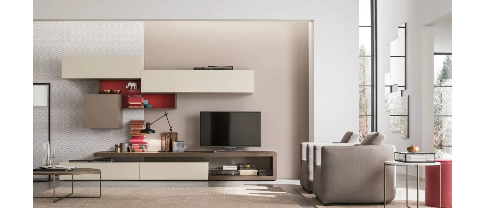 Parete Attrezzata Unix Comp SU2110 in essenza Olmo Tabacco e laccato Cashmere di Maronese
