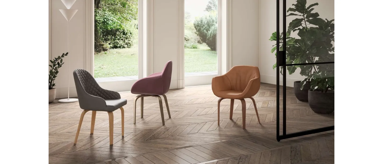 Sedia Atena in pelle con gambe in legno di Ozzio