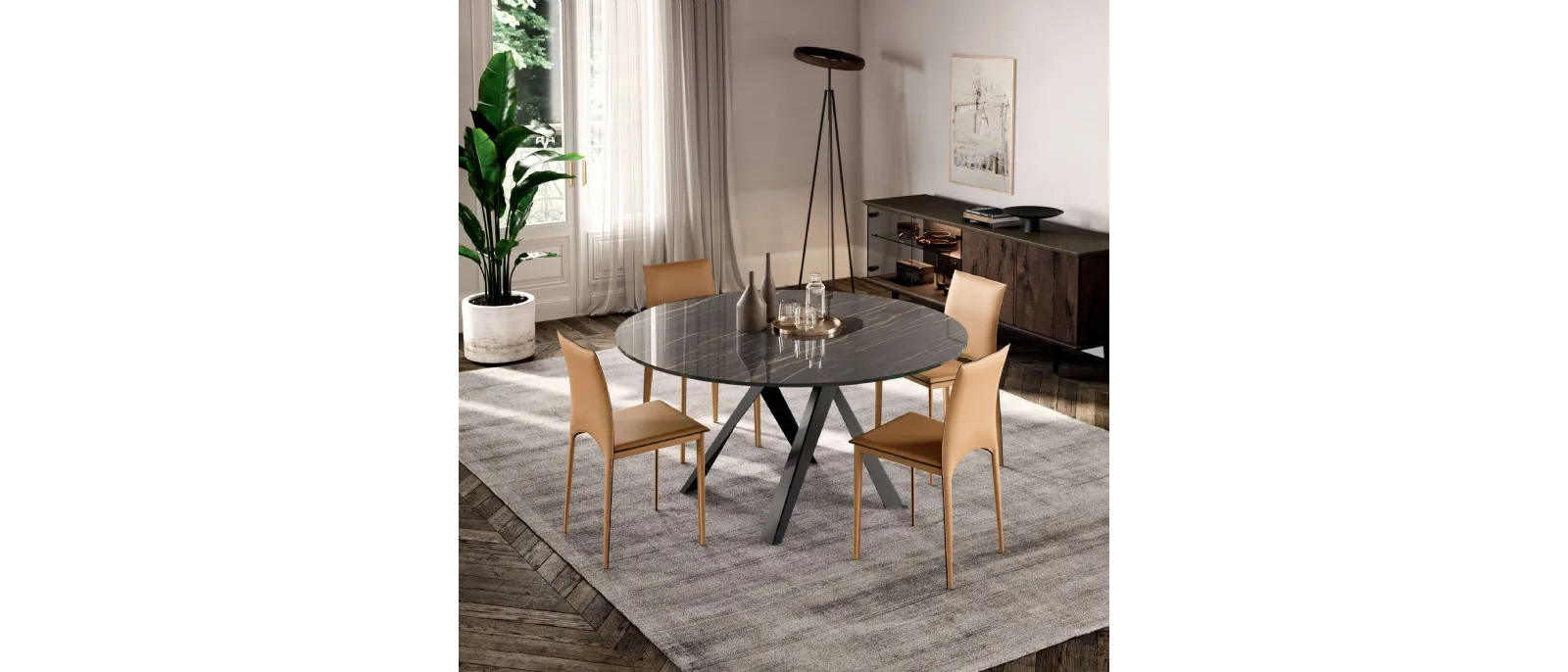 Tavolo rotondo Emisfero Fisso con top in Cristallo Ceramica Noir Desir e base in metallo di Ozzio