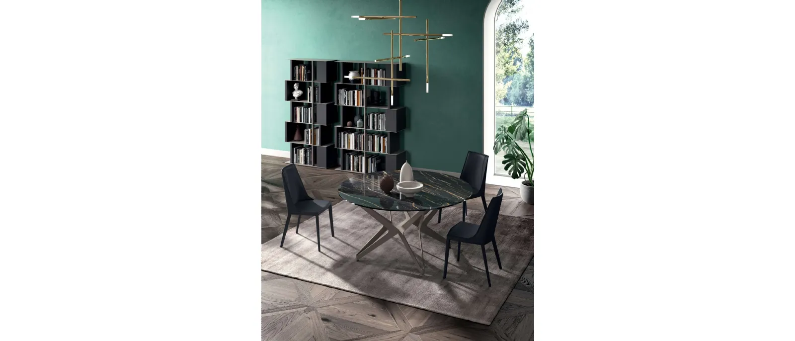 Tavolo Big Round Fisso in ceramica Noir Desir con base in metallo di Ozzio