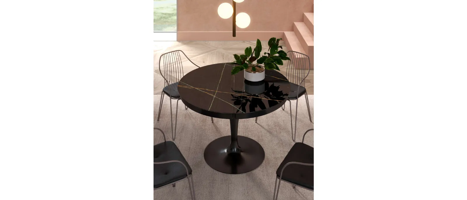 Tavolo rotondo allungabile Eclipse con top in marble glass Sahara Noir Lucido di Ozzio