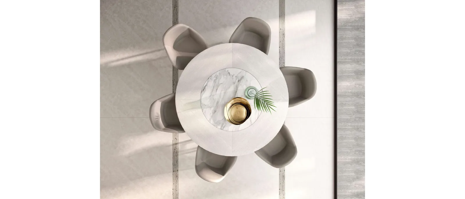 Tavolo rotondo allungabile in legno Veliero con vassoio girevole Lazy Susan in ceramica incassato nel piano di Ozzio