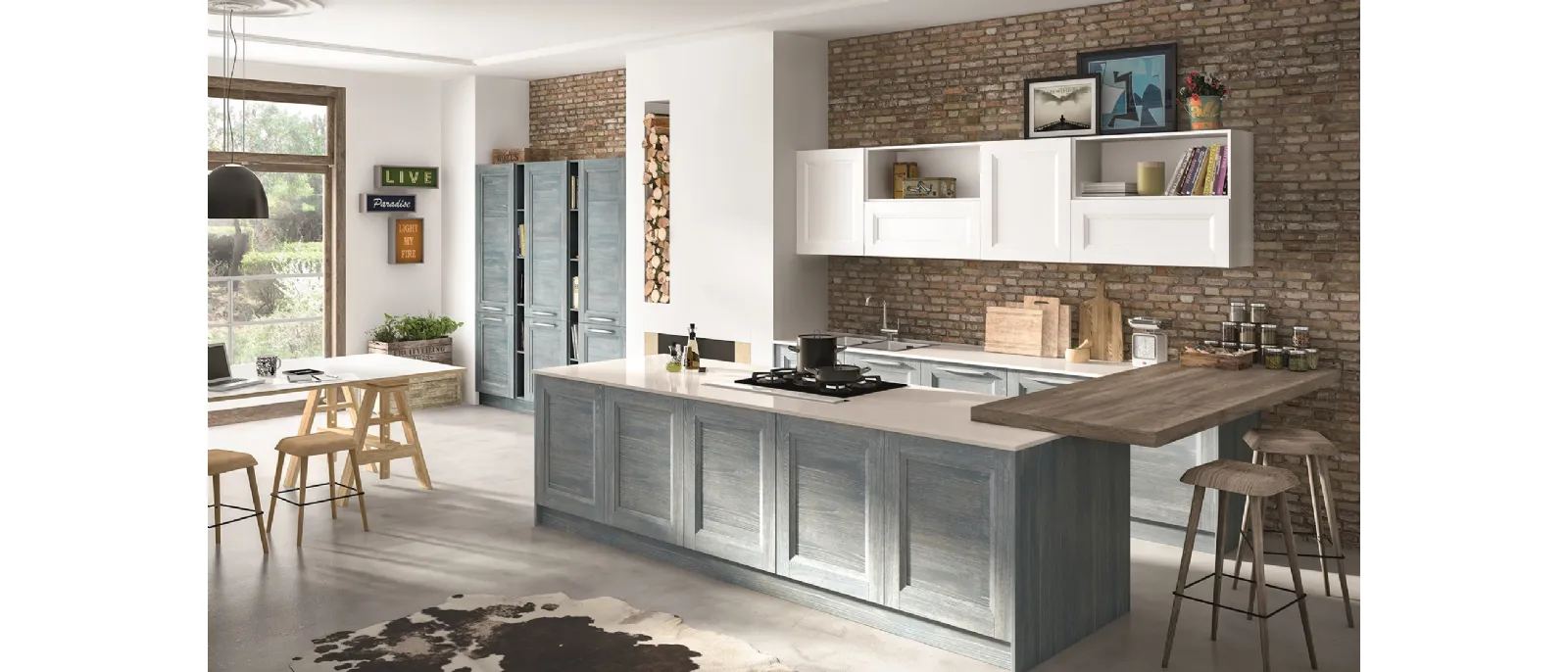 Cucina Classica con penisola Alba in Frassino finitura Denim di Essebi