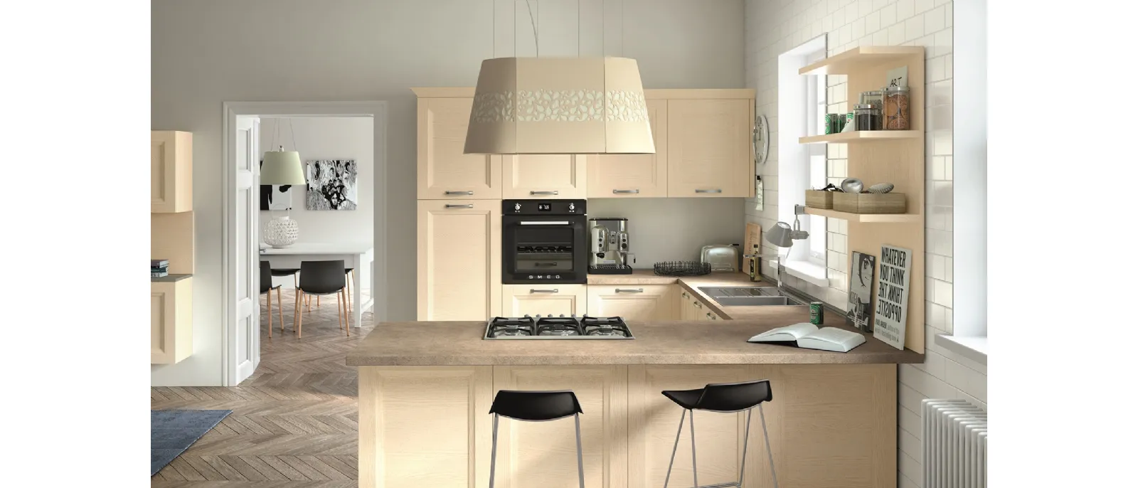 Cucina Classica con penisola Alba in frassino finitura Perla di Essebi