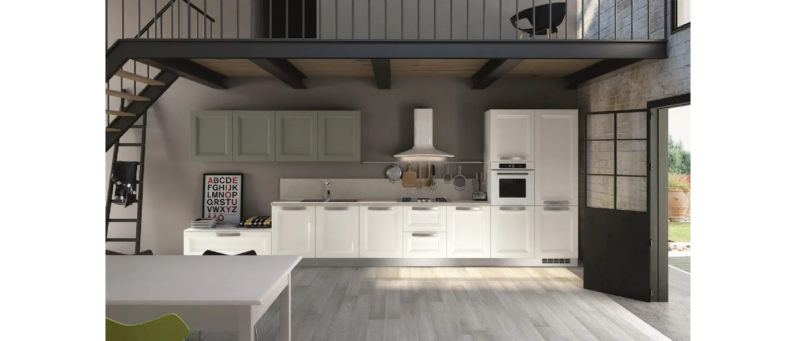 Cucina Classica lineare Alba in Frassino finitura Neve e Cemento di Essebi