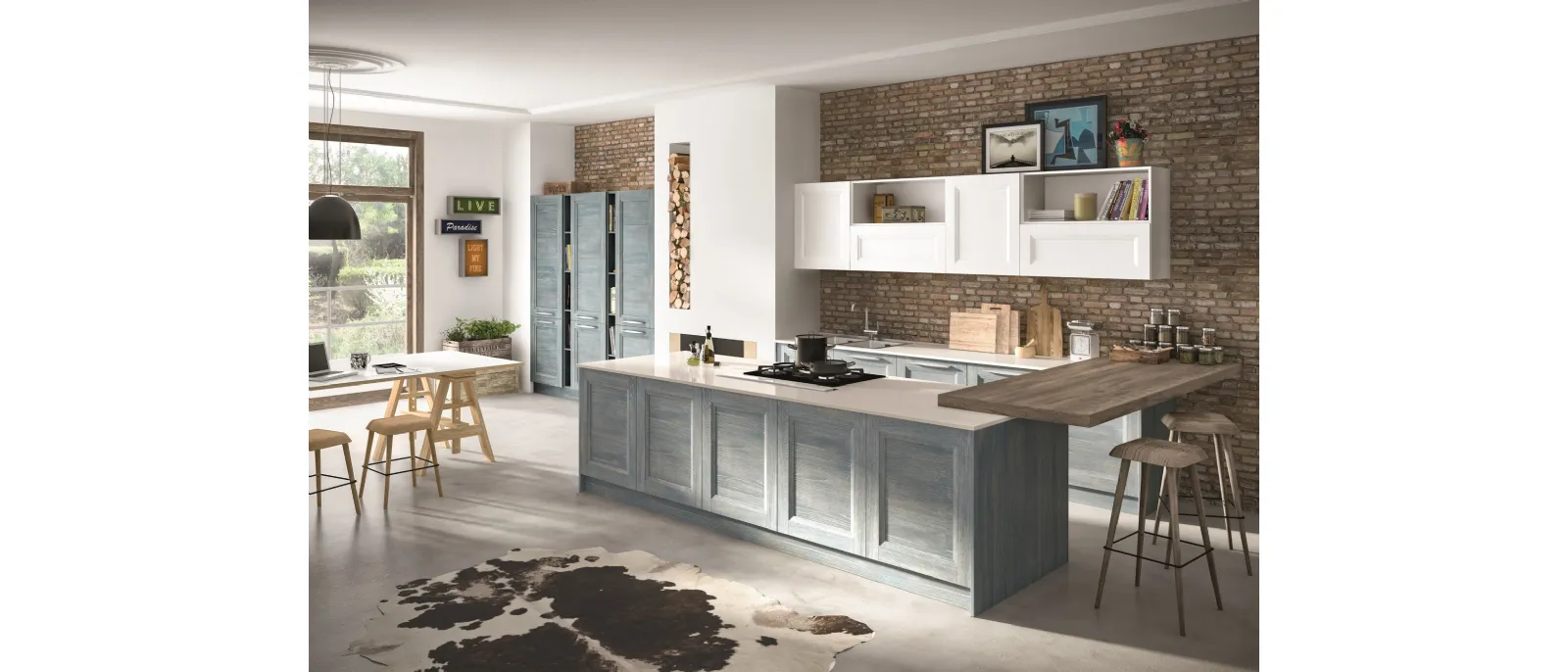 Cucina Classica con penisola Alba in Frassino finitura Denim di Essebi