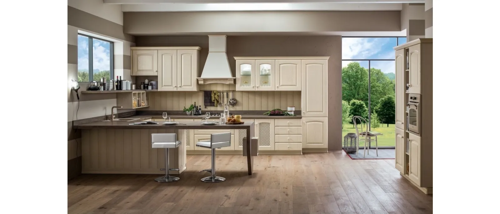 Cucina Classica con penisola Magda 03 in legno di Rovere Decapè Bianco di Arrex