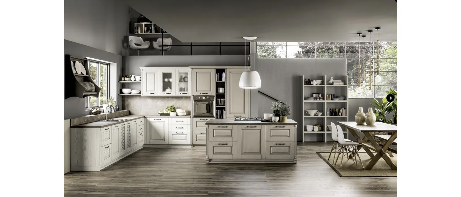 Cucina Classica angolare con isola centrale Nora 02 in legno Decapé Gesso ed Ecru di Arrex