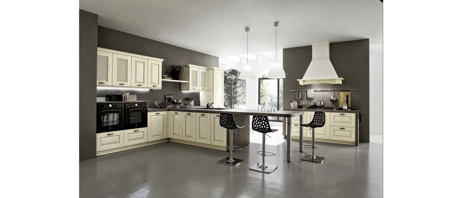 Cucina Classica con penisola Nora 06 in legno laccato Decapé Bianco Antico di Arrex