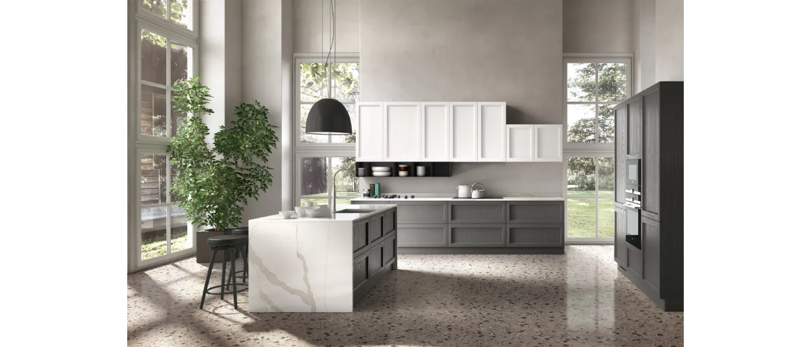 Cucina Classica con isola in legno di Frassino finitura Antracite e Bianco Primula di Essebi