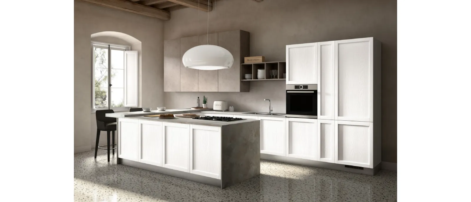 Cucina Classica in legno di Frassino finitura Bianco con penisola Primula di Essebi