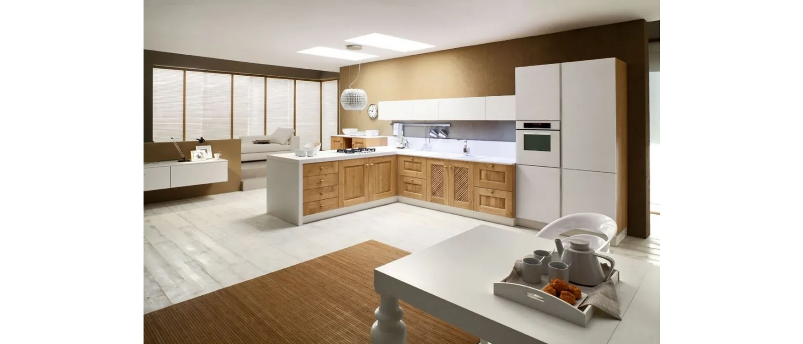 Cucina in Muratura con penisola Carola 01 in legno di Rovere naturale e Laccato Bianco lucido di Arrex