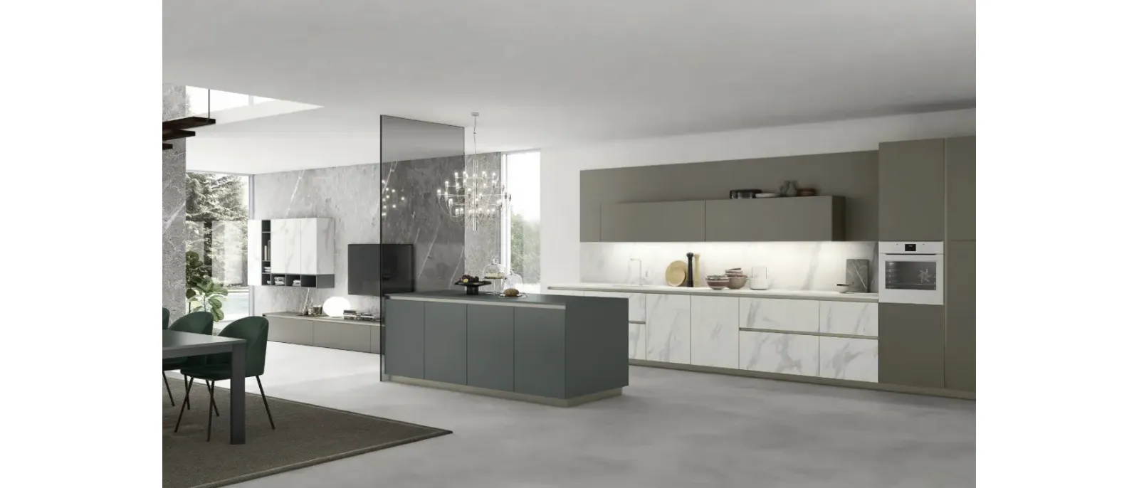 Cucina Moderna con isola AL 32 01 in HPL Calacatta, vetro e Fenix di Arrex