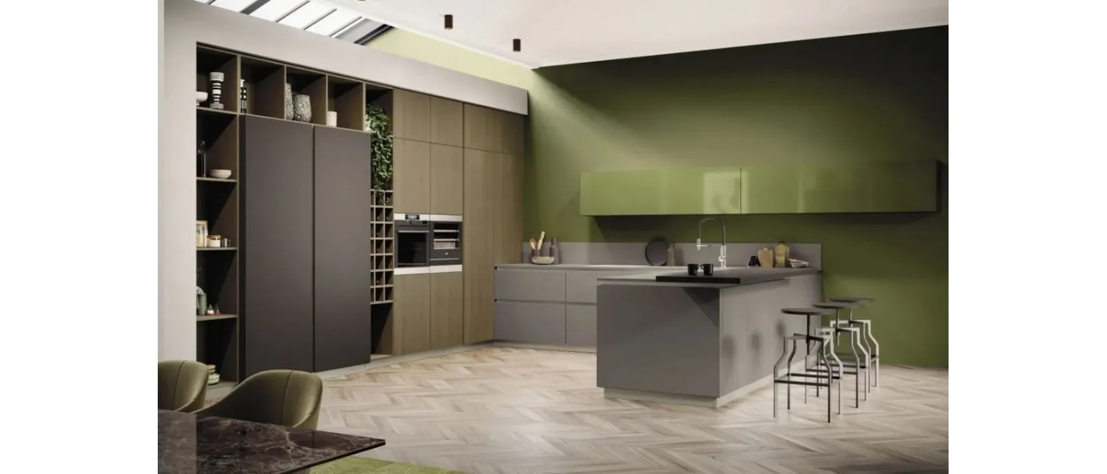 Cucina Moderna AL 32 08 in Fenix Grigio Londra e pensili in Vetro Verde Oliva di Arrex