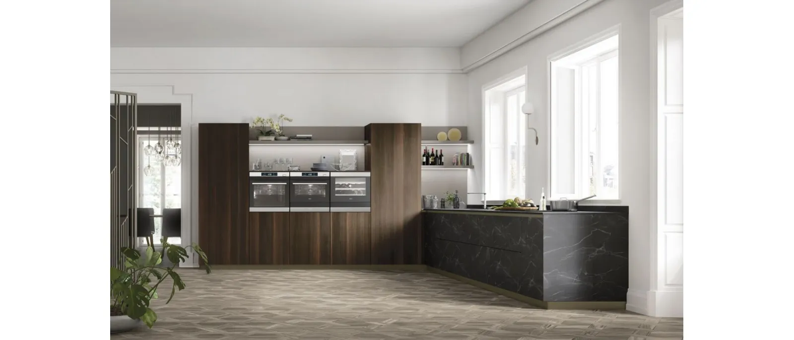 Cucina Moderne AL 32 09 in HPL effetto Marmo e Eucalipto di Arrex