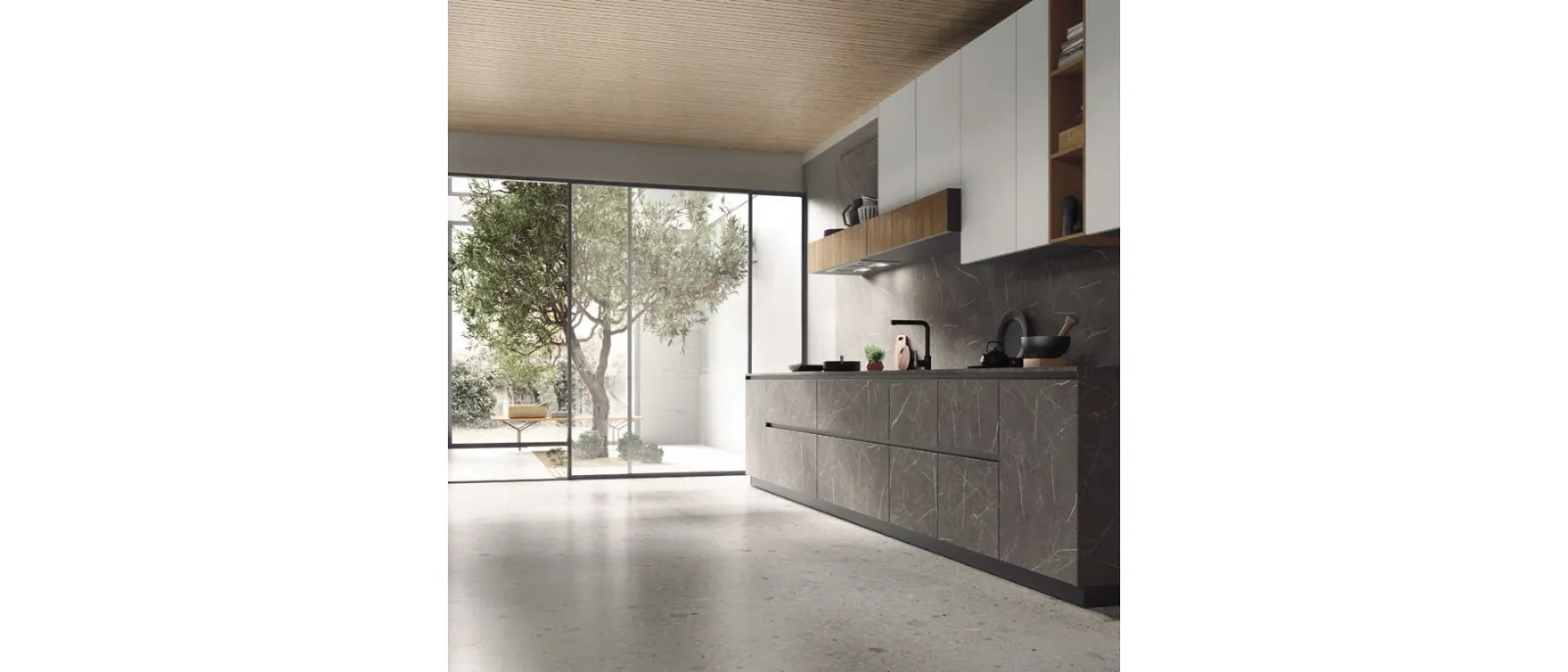 Cucina Moderna lineare AL 32 Spaccato Cognac, vetro opaco e HPL Grafite di Arrex