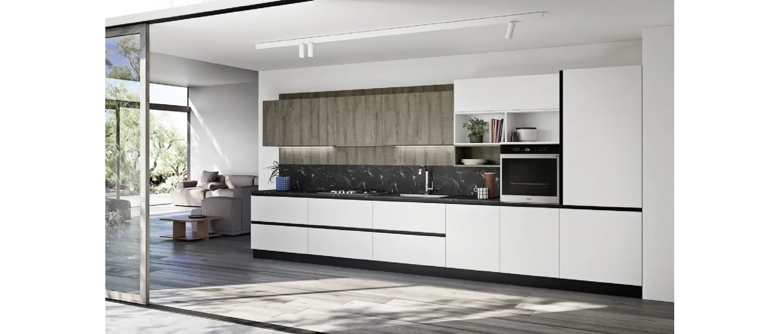 Cucina Moderna lineare Easy 011 in pet bianco e rovere di Ar-due