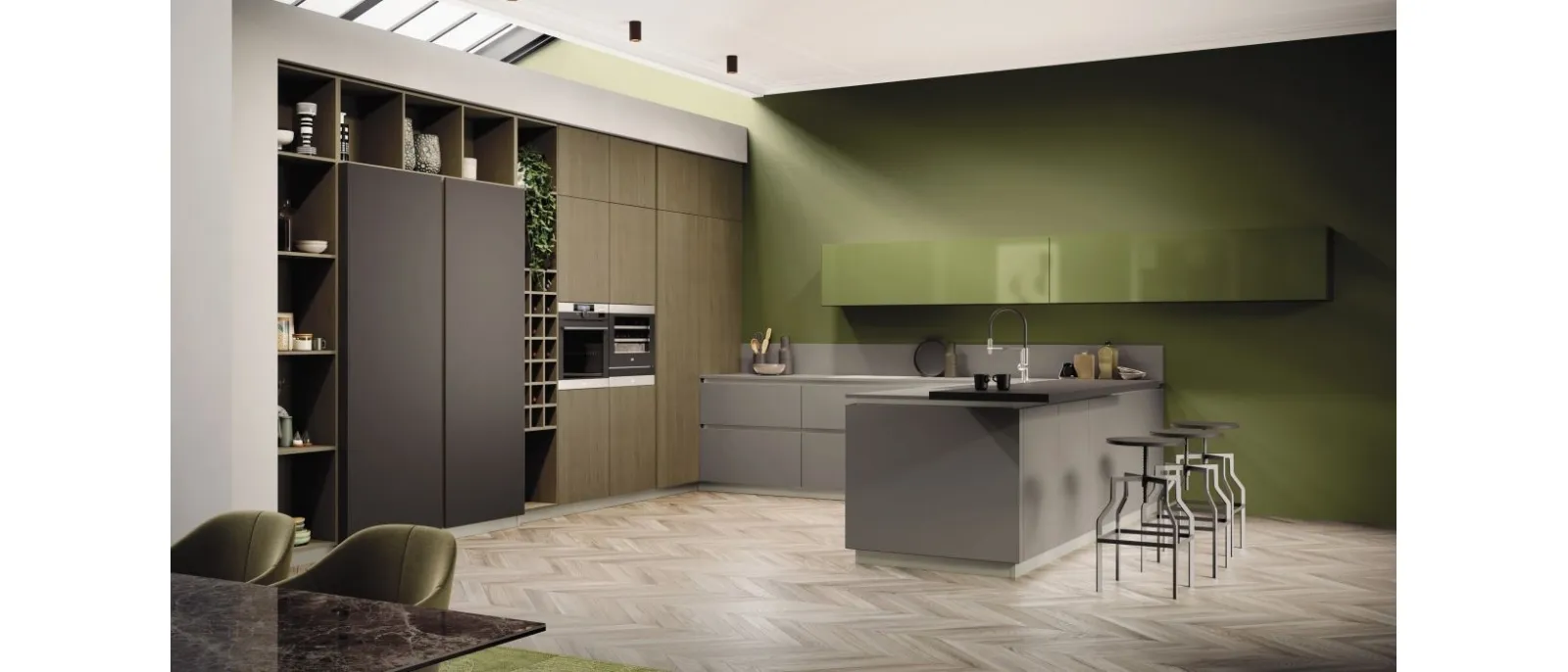 Cucina Moderna angolare con penisola AL 32 in Fenix Grigio Londra e pensili in Vetro Verde Oliva di Arrex