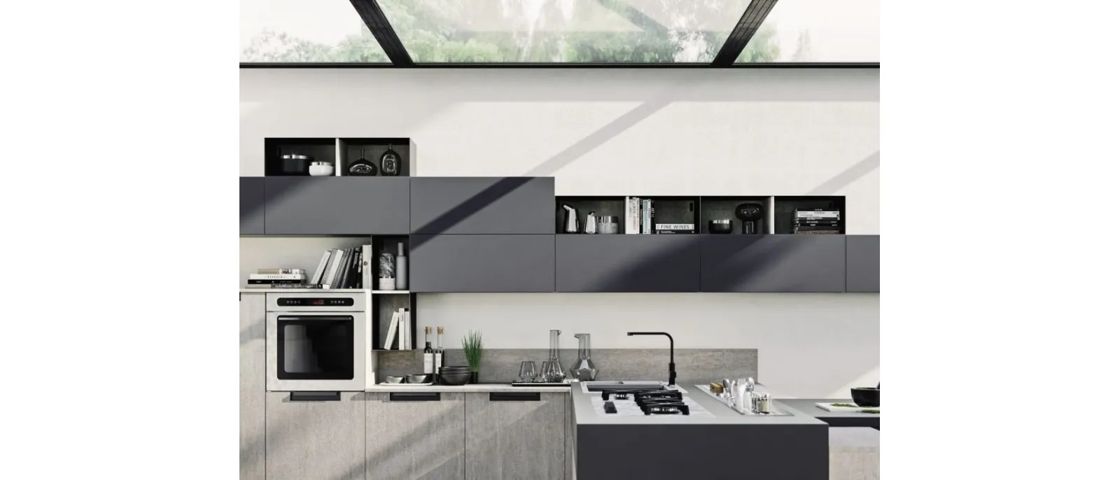 Cucina Moderna angolare in laminato effetto cemento con penisola Loft Wall di Arrex