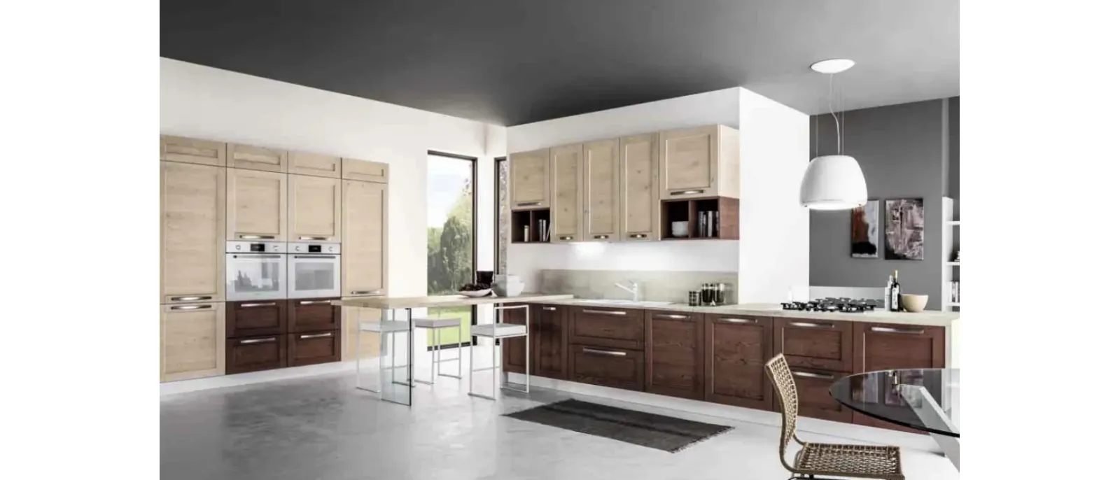 Cucina Moderna con penisola Curry 03 in Rovere Vinaccia e Talco di Arrex